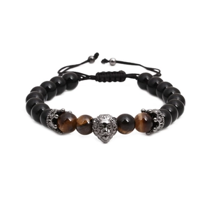Handmade Beaded Wolf Head Lion Skull Woven Bracelet For Men Adjustable Matte Black Tiger Eye Stone Rhinestone Bracelet Jewelry Gift