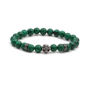 8mm green malachite bead bracelet with silver stainless steel lion head for men