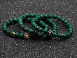 Set of three 8mm green malachite bead bracelets for men with gold and silver lion heads