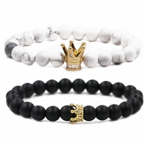 Pulsera De Cuentas De Corona Para Hombre Turquesa Blanca Piedra Negra Mate Cobre Circonia Incrustada Pulsera Elástica Joyería Regalo