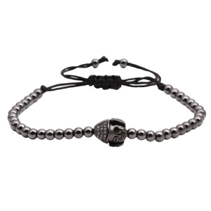 Bracciale intrecciato regolabile con perline metalliche grigie e testa di Buddha con diamanti