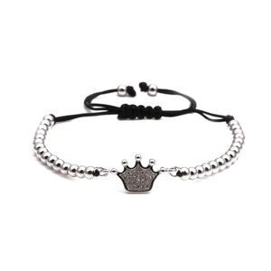Bracelet à perles argentées avec couronne en zircone et cordon noir réglable pour femme