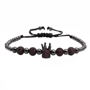 Bracelet pour hommes avec perles de 6 mm et charm couronne serti de zircons violets
