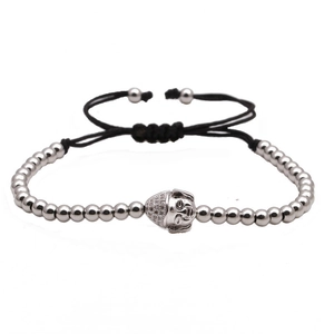 Bracciale con perle d'argento e testa di Buddha con cordino nero regolabile