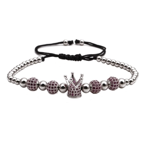 Bracelet pour homme avec couronne et perles de zircon rouge 6mm et cordon ajustable