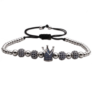 Bracelet tressé couronne avec zircons bleus et perles polies pour hommes et femmes