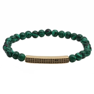Bracelet pour homme en perles de malachite verte 6mm avec cylindre doré et zircones