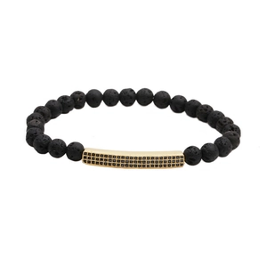 Bracelet pour hommes en pierre de lave noire avec barrette dorée pavée de zircons noirs