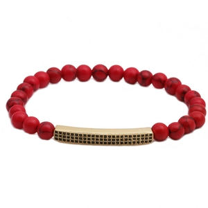 Bracelet en Perles de Turquoise Rouge 6mm avec Tube Incurvé Serti de Zircon pour Hommes