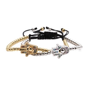 Set de pulseras ajustables Mano de Fátima con circonitas de colores y cuentas metálicas