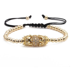 Bracelet à Perles en Cuivre Réglable Avec Pendentif Couronne et Boule de Zirconia Micro-Incrustée Bijoux pour Hommes et Femmes