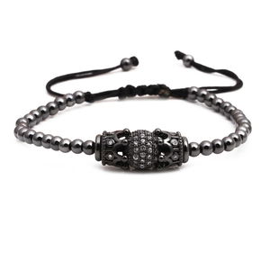 Bracelet tressé double couronne en cuivre et micro-zircon avec perles en hématite polies