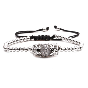 Bracelet à billes argentées avec boule de zircon 10mm et couronnes sur cordon noir