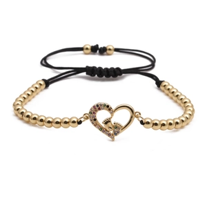 Bracelet en Cuivre Doré avec Zirconia Cœur et Pendentif Empreinte de Bébé Bracelet de Perles Tressé Ajustable pour Femmes Bijoux Cadeau