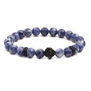 Bracelet en perles de pierre marbrée bleue avec breloque tête de lion noire unisexe