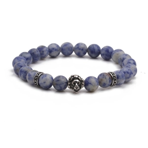 Bracelet pour homme avec tête de lion en acier et perles en pierre marbrée bleue