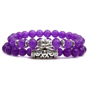 Lot de deux bracelets en perles d'améthyste violette, tête de bouddha et tube argenté