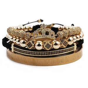Luxury Copper Bracelet Set Crown Charm Zirconia Inlaid Metal Beads Roman Numerals Adjustable Braided Rope Hip Hop Jewelry