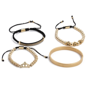 4-piece men's gold bangle set with crown charm, roman numeral cuff and luxury beads
