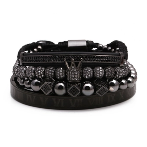 Set di 4 bracciali neri da uomo con ciondolo a corona e polsino con numeri romani incisi