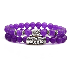 Ensemble de bracelets en perles d'améthyste avec tête de Bouddha et hibou argenté