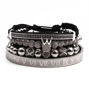 Set di bracciali corona argento e nero con zirconi cubici e numeri romani