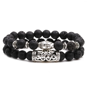 Set de bracelets pour hommes en pierre de lave avec tête de Bouddha et tube ciselé argent
