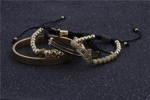 Golden Roman numeral cuff with zircon crown and beaded bracelet set for men
