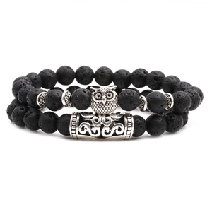 Ensemble de Bracelets en Perles de Pierre de Lave en Cuivre Vintage Rétro Ethnique Animal Hibou Lion Éléphant Tête de Bouddha