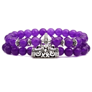 Ensemble de deux bracelets en améthyste violette avec perle de casque de hibou argenté
