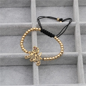 Adjustable leopard charm beaded bracelet with gold plating and sparkling cubic zirconia