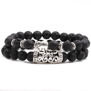 Ensemble de bracelets en pierre de lave avec pendentif éléphant et tube en métal