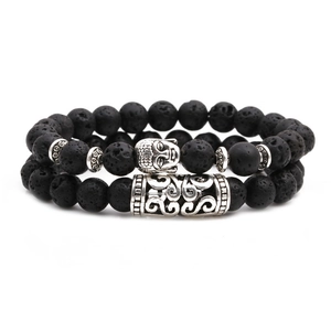 Set de bracelets en pierre de lave avec tête de bouddha et tube en métal argenté