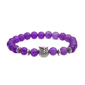 Bracelet extensible en perles d'améthyste avec pendentif hibou argenté vintage