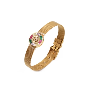 Gouden mesh armband met een kleurrijke zirkoon hanger en verstelbare gespsluiting