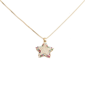 Goldene Halskette mit Pentagramm-Sternanhänger mit Zirkonia und bunten Edelsteinen
