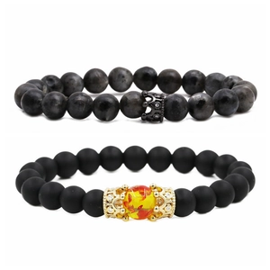 Juego de pulseras de cuentas de corona con labradorita y cuentas negras mate con circonitas