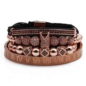 4-teiliges Herren-Armbandset in Roségold mit Krone, Zirkonia und römischen Ziffern