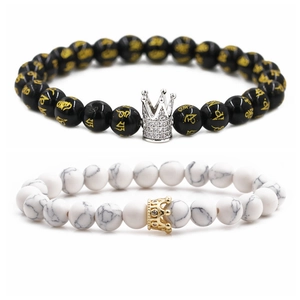 8mm white turquoise and black beads crown couple bracelets with gold and silver charms