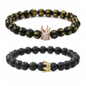 8mm crown couple bracelets with black polished and matte beads with golden characters