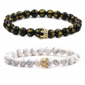 8mm white turquoise and black mantra bead couple bracelets with gold crown charms