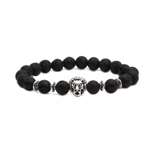 Bracelet en pierre de lave avec tête de lion argentée et perles intercalaires ciselées
