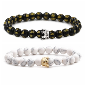 8mm crown charm bracelets with white turquoise and black beads for couples set