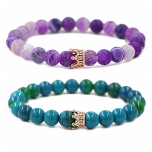 Couples crown beaded bracelets with purple agate and turquoise stones in gold setting