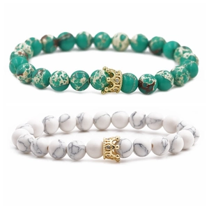 Natural Stone Emperor Stone White Turquoise Beaded Bracelet With Copper Zirconia Crown For Men Women Fashion Jewelry Gift