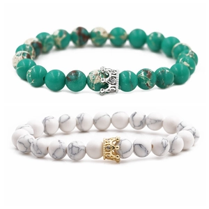 8mm Emperor Stone and White Turquoise Crown Bracelet set with micro-pave cubic zirconia