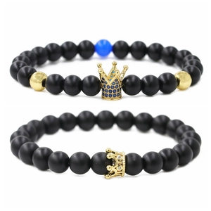 Bracelets de Couple Couronne en Pierre Noire Mate de Mode Avec Perles en Cuivre Incrustées de Zirconia Bracelet en Perles DIY pour Femmes Hommes Bijoux