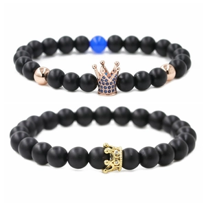 Bracelets couronne en onyx noir mat avec zircons micro-pavés et accents or rose