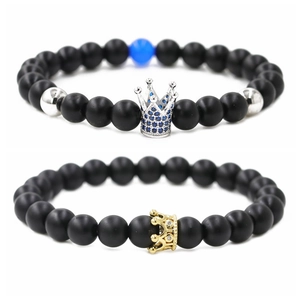 Ensemble de bracelets en perles de pierre noire mate avec couronnes en zircon