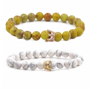 Set of two 8mm Emperor Stone and White Turquoise crown charm beaded bracelets for women